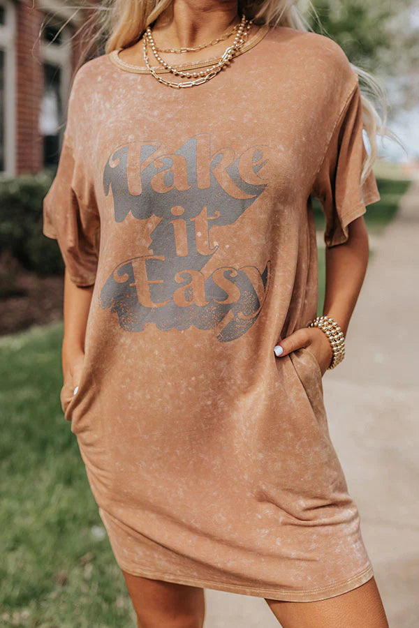 The Andi "Take It Easy" T Shirt Dress- burnt orange mineral wash dress with stretch and pockets- Silent Sisters