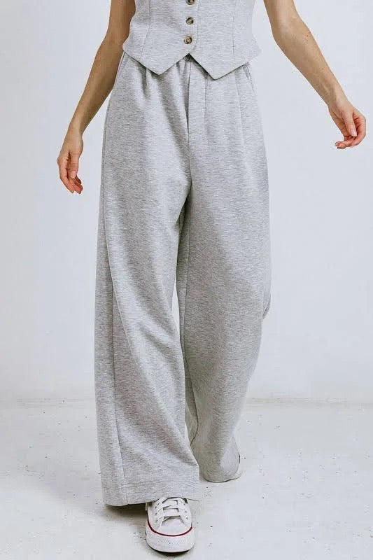 The Rowan Wide Leg Knit Pant- grey knit pleated sweat pant- Silent Sisters