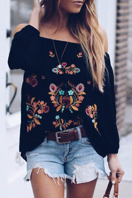 The Isabel Embroidered Top- black gauze top with embroidery- Silent Sisters