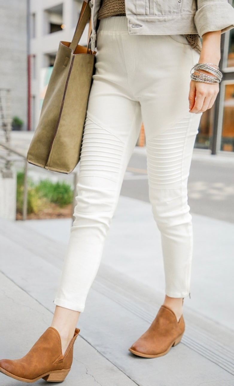 The Serena Moto Jegging- white stretch moto jegging- Silent Sisters