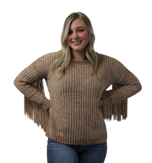 The Abilene Fringe Sweater- chenille taupe sweater fringe sleeve- Silent Sisters