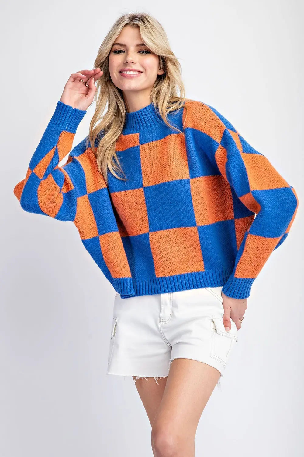 The Adira Checkerboard Sweater- warm thick knit blue orange sweater- Silent Sisters