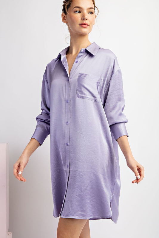The Amethyst Satin Dress- lilac satin button-down dress- Silent Sisters 