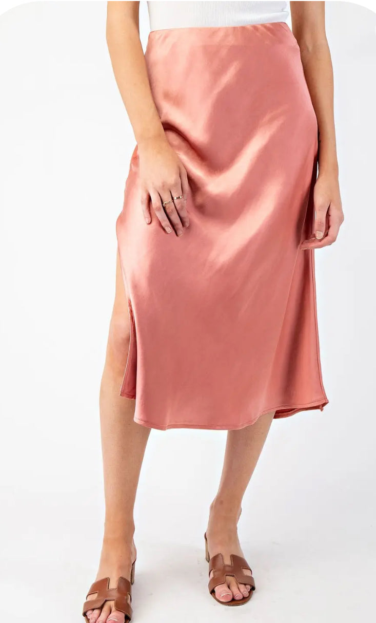 The April Satin Midi Skirt- coral satin miniskirt- Silent Sisters