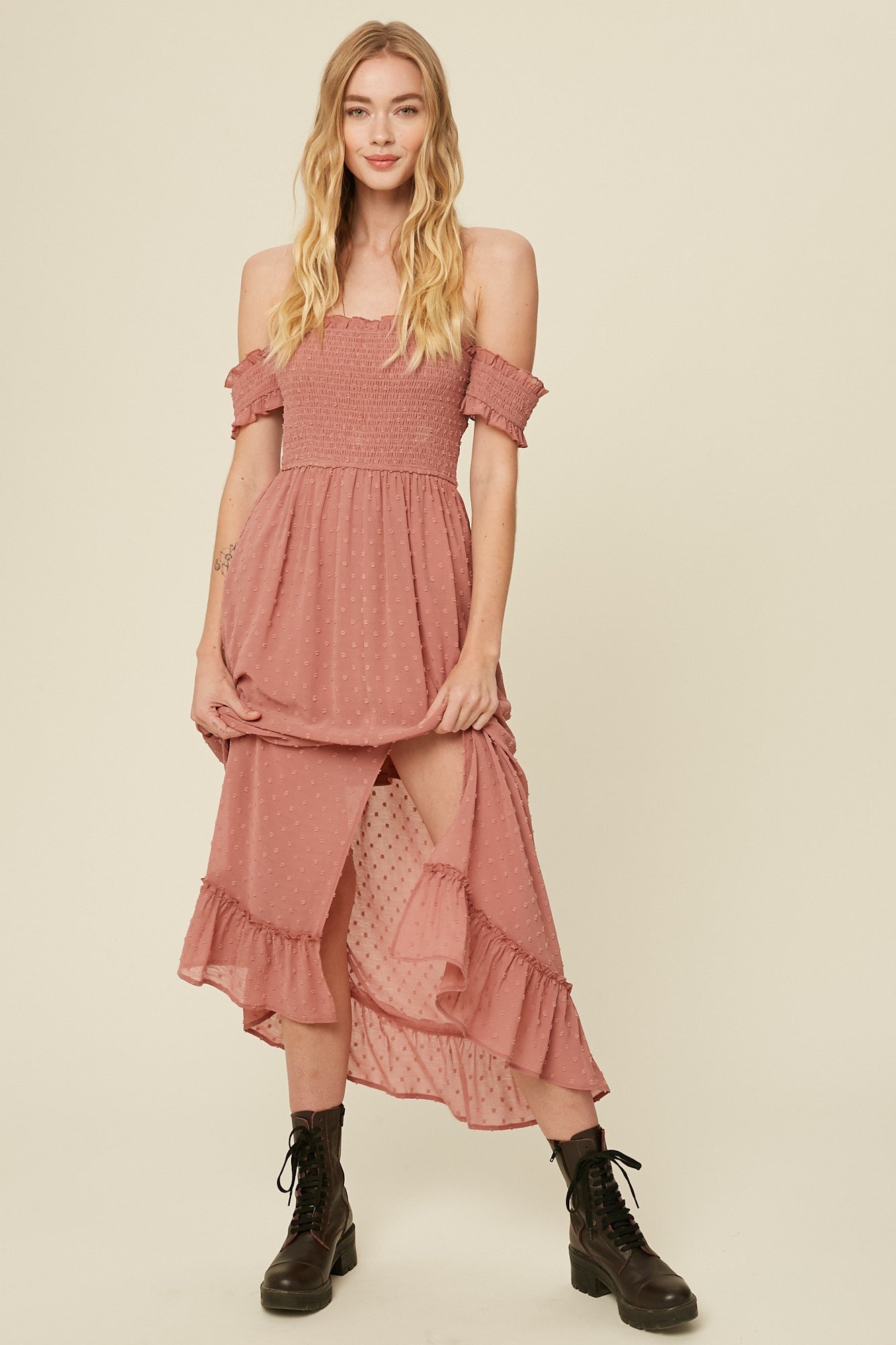 The Ashley Off The Shoulder Dress- pink off the shoulder dress with decorative chiffon overlay- Silent Sisters