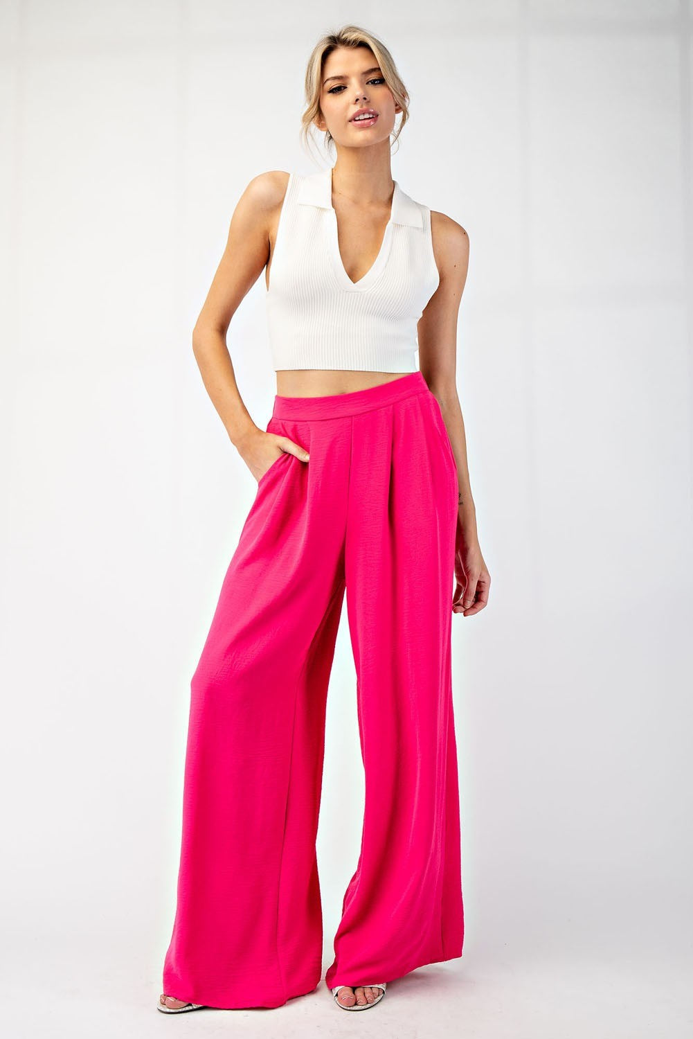 The Audrina Wide Leg High Rise Milano Pants with Elastic Waist