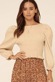 The Beatrice Ruffle Sleeve Ribbed Sweater- beige ribbed Sweater with ruffle sleeves and keyhole back- Silent Sisters
