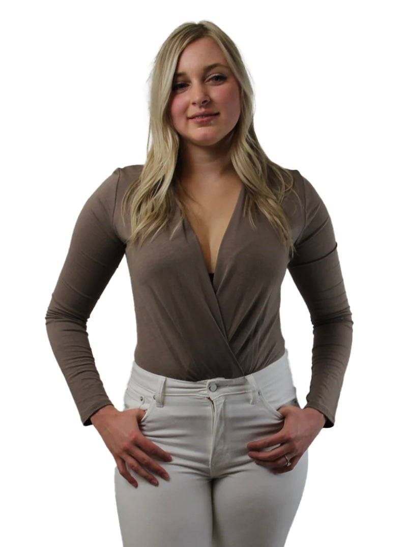 The Beth Criss Cross Bodysuit- taupe lightweight stretch body suit- Silent Sisters