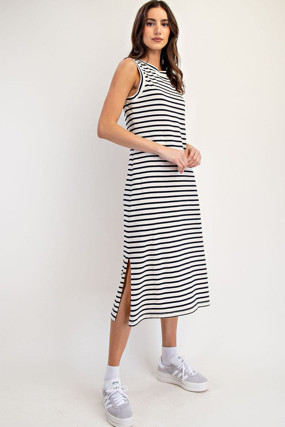 The Billie Striped Dress- Navy and white striped sleeveless midi dress- Silent Sisters 