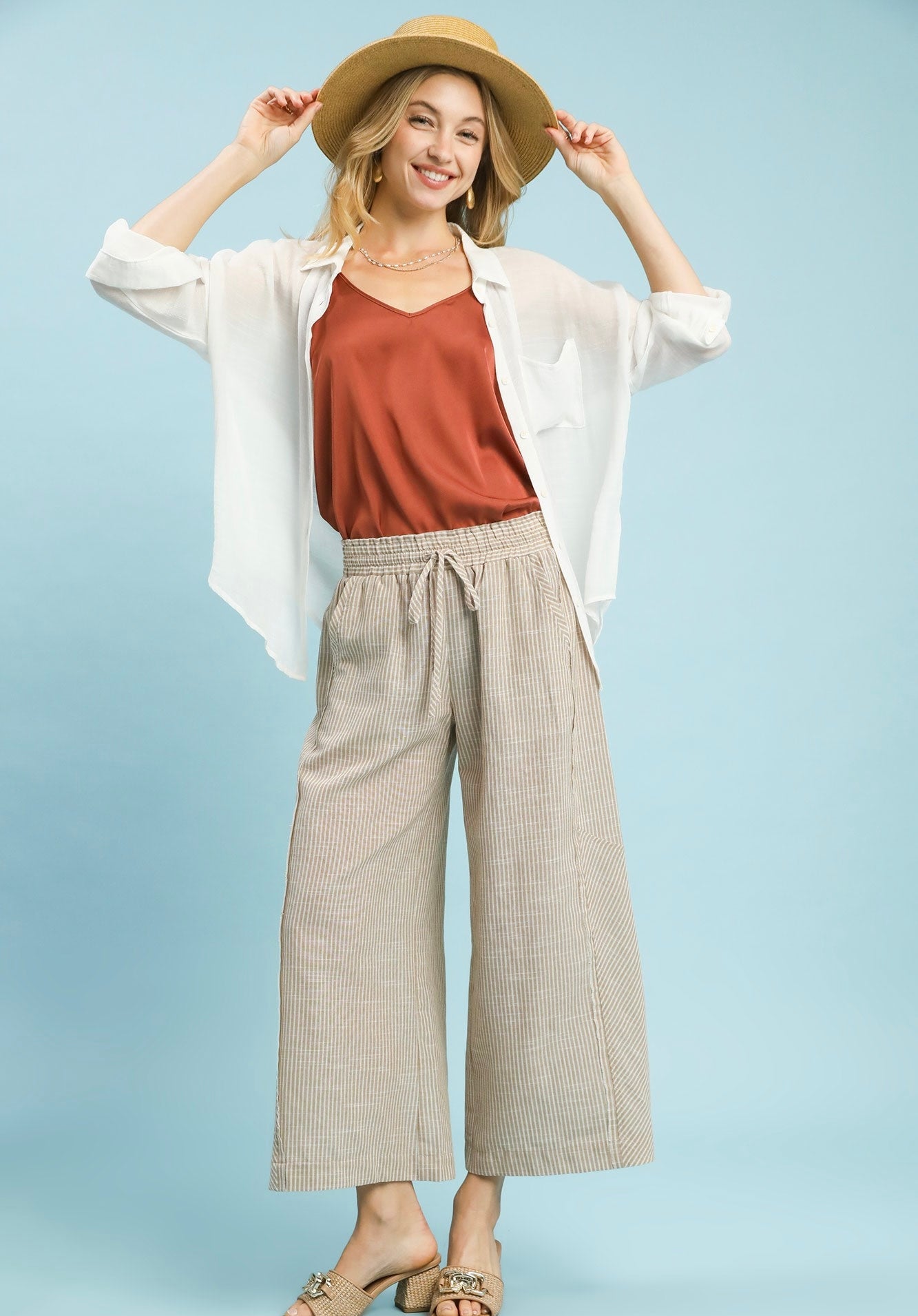 The Brecklyn Linen Pant- tan striped linen crop pant- Silent Sisters