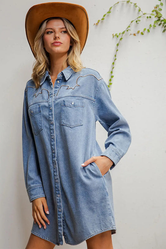 The Cassidy Denim Dress- blue denim pearl snap dress- Silent Sisters
