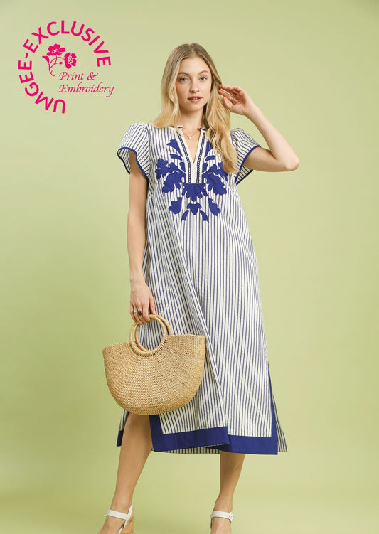 The Celine Casual Embroidered Dress- cobalt blue linen stripped embroidered dress- Silent Sisters 