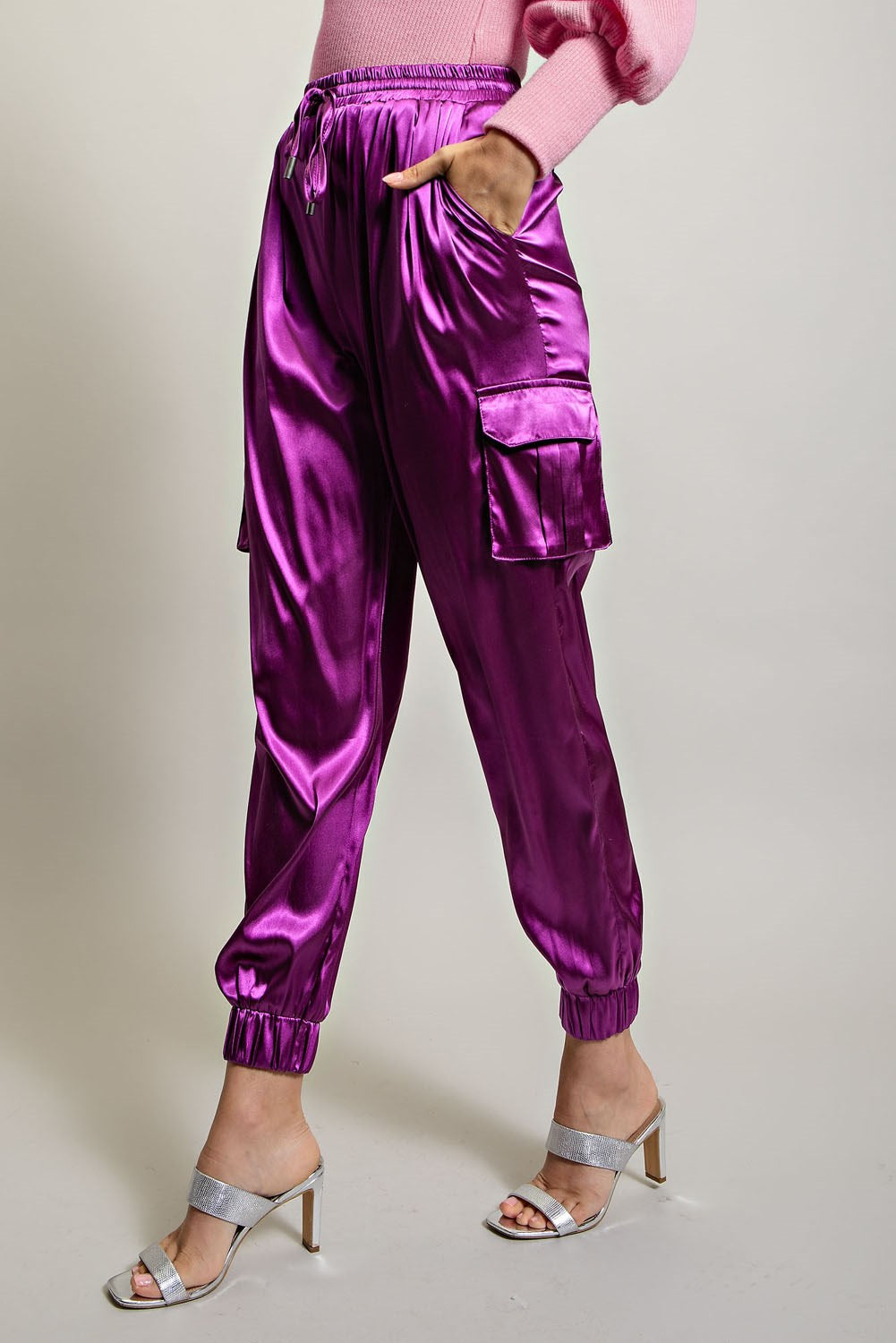 The Cher Satin Jogger- magenta satin jogger- Silent Sisters 