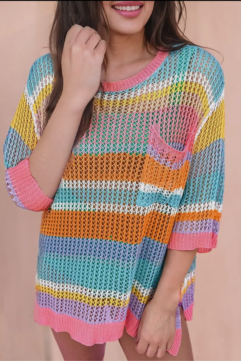The Coral Beach Sweater- Loose knit orange teal yellow pink over sized sweater- Silent Sisters