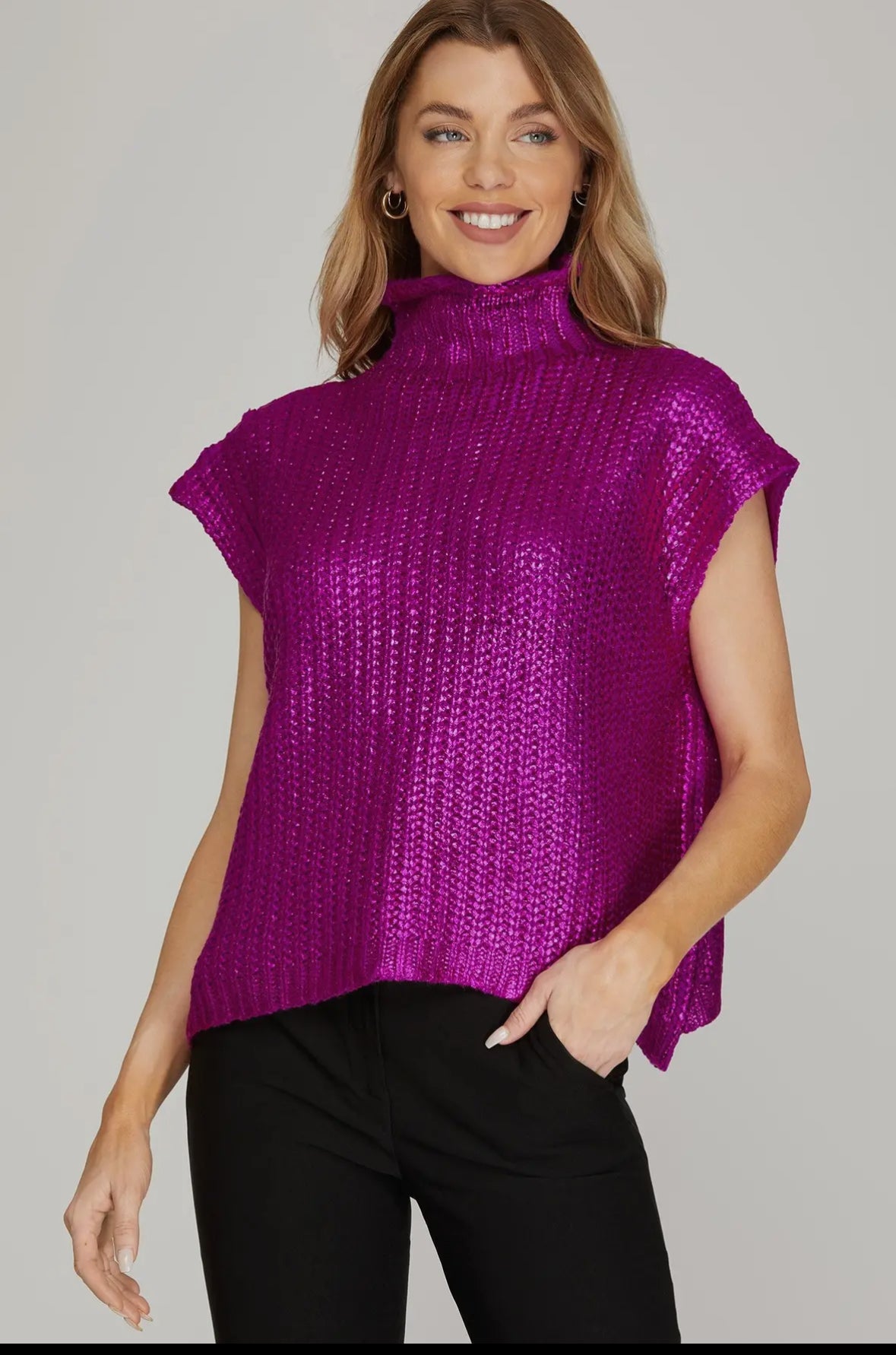 The Drew Metallic Sweater- emerald magenta metallic cable knit sweater- Silent Sisters