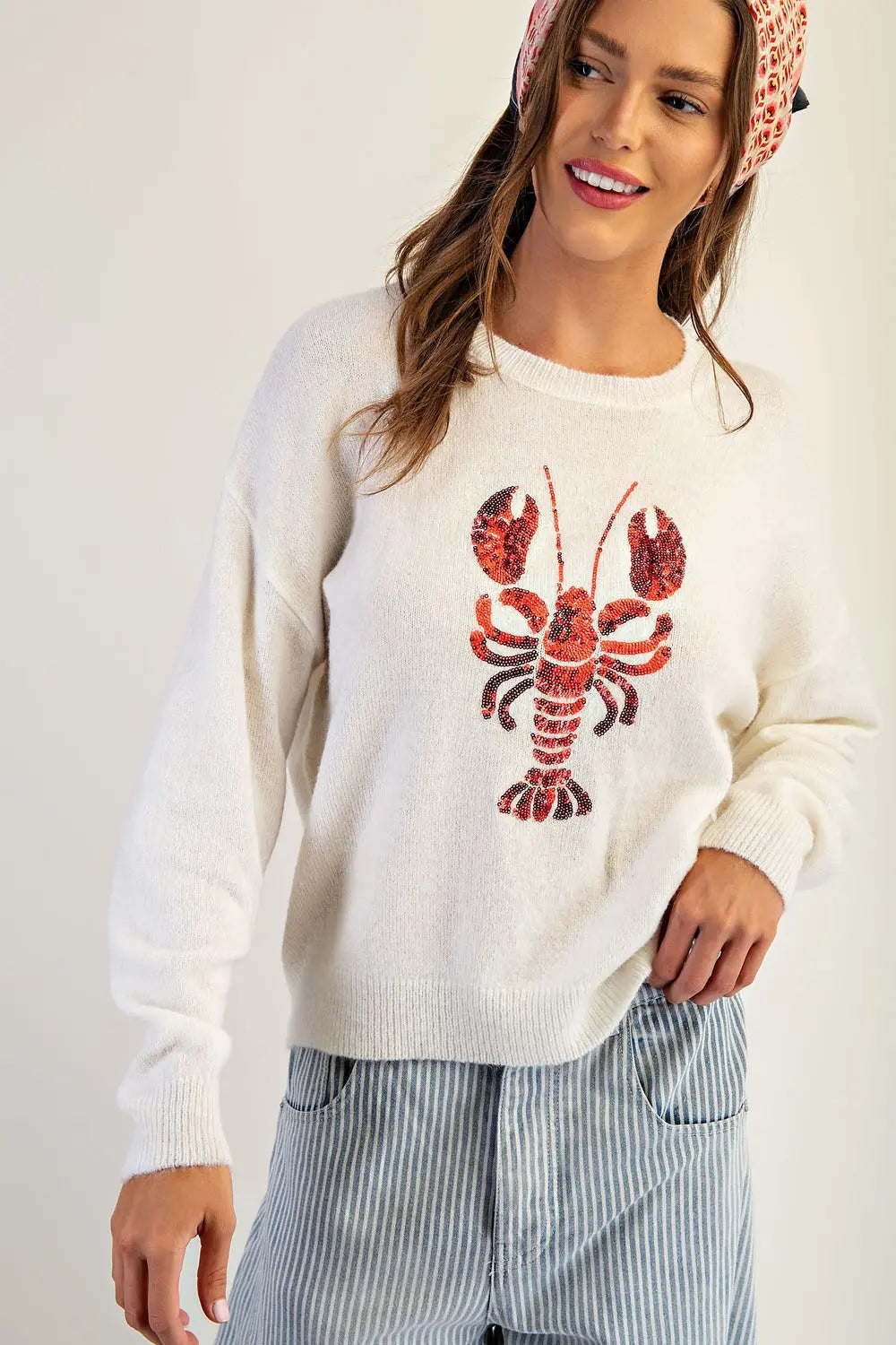 The Elenor Lobster Sweater- white lightweight red sequin sweater- Silent Sisters