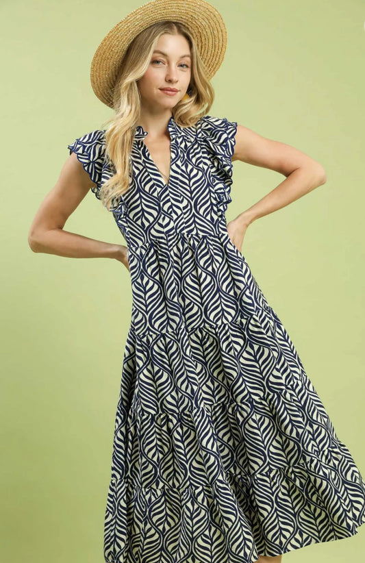 The Falon Dress- Navy and white sleeveless flowy linen dress- Sisters Sisters