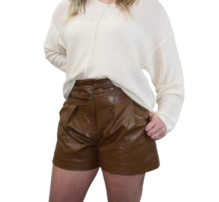 The Hillary Vegan Leather Short- camel vegan leather pleated short- Silent Sisters