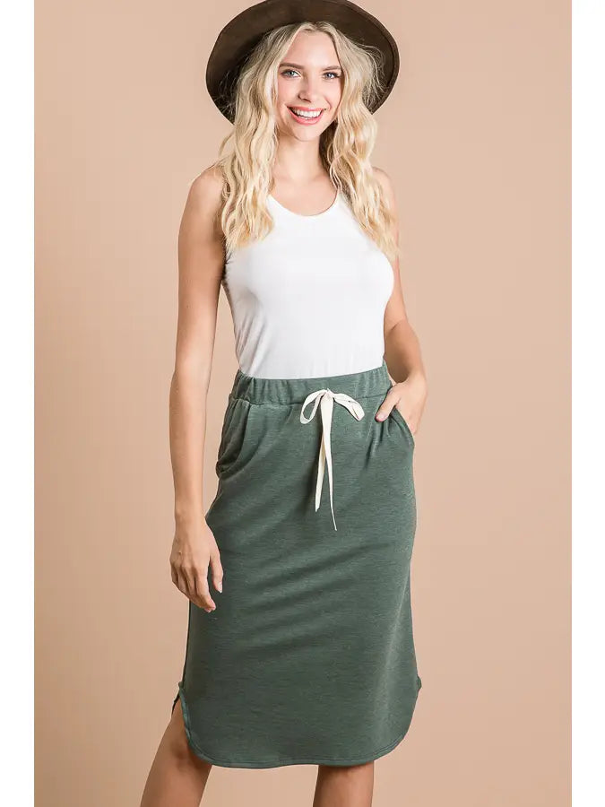 The Jackie Drawstring Skirt- olive casual soft midi skirt- Silent Sisters