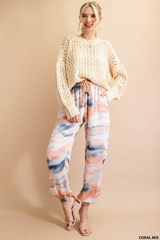 The Jasmine Tie Dye Jogger- coral blue white tie dye satin jogger- Silent Sisters
