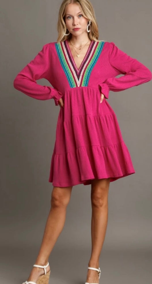 The Jenny Tiered Knit Crochet Dress- pink knit Crochet v neck dress- Silent Sisiters