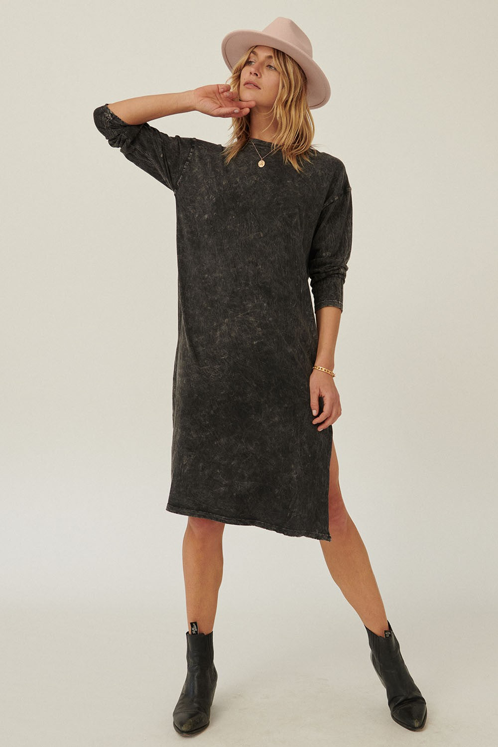 The Jet Burnout Dress- black grey burnout midi dress- Silent Sisters