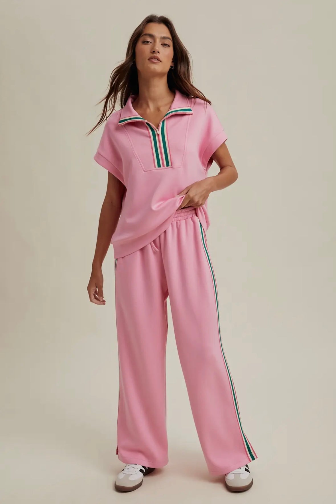 The Kimi Scuba Loungewear Set- pink scuba loungewear set with green and white trim- silent Sisters