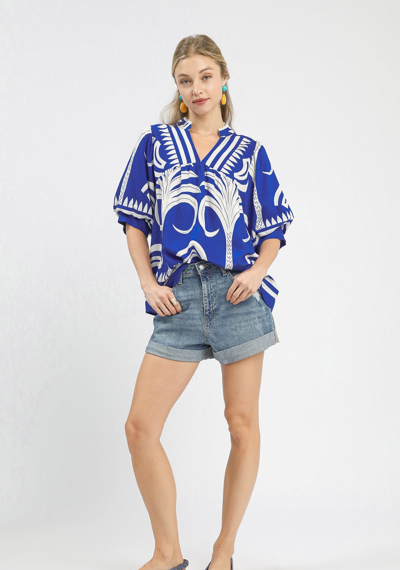 The Margret Printed Top- cobalt blue and white printed flowy top- Silent Sisters