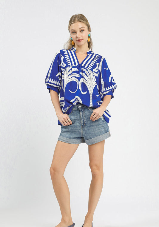 The Margret Printed Top- cobalt blue and white printed flowy top- Silent Sisters