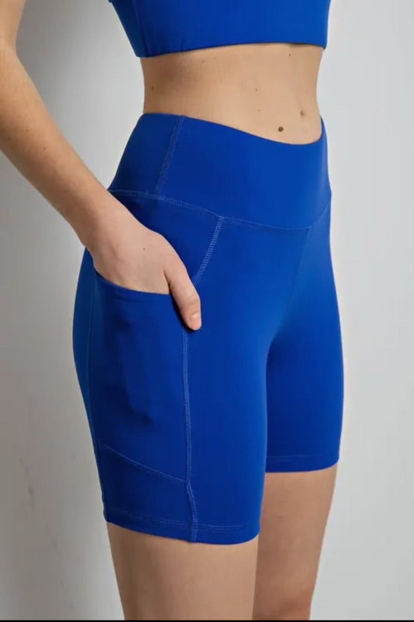 The Parker Biker Short- cobalt blue hot pink yoga stretch biker short- Silent Sisters
