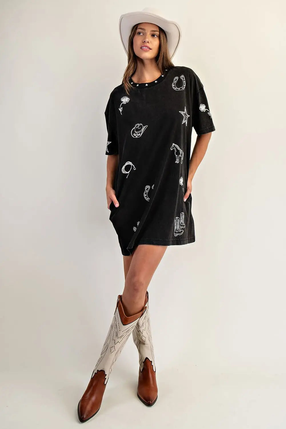 The Shiloh Western Print Dress- black and white Western Print T Shirt Dress- Silent Sisters