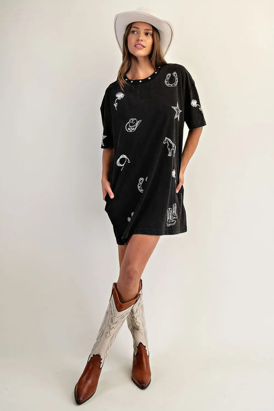 The Shiloh Western Print Dress- black and white Western Print T Shirt Dress- Silent Sisters
