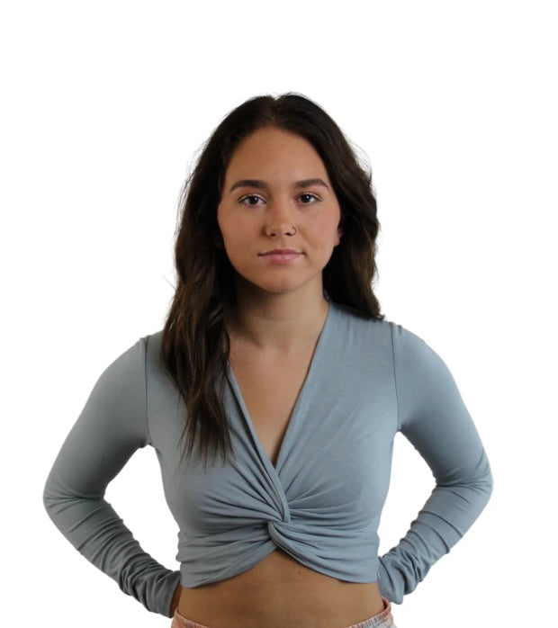 The Tiffany Twist Front Crop- light blue twist front cotton stretch crop- Silent Sisters 