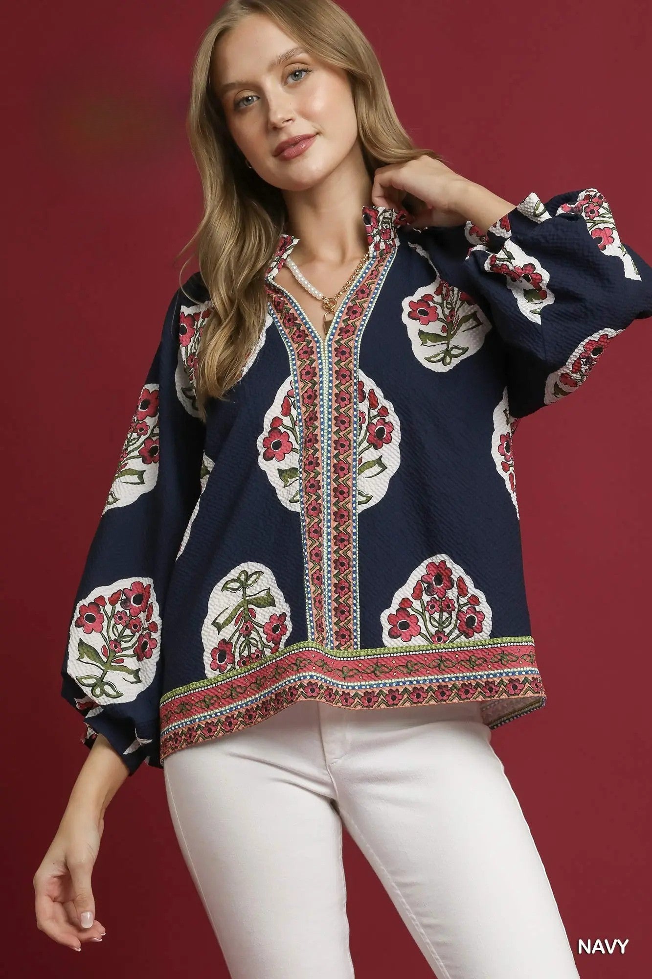 The Willow Textured Top= navy printed puff sleeved top- Silent Sisters