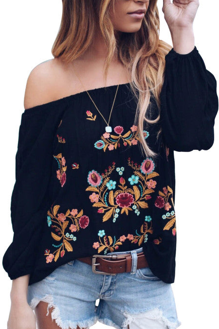 The Isabel Embroidered Top-black long sleeve linen off the shoulder top with floral embroidery- Silent Sisters