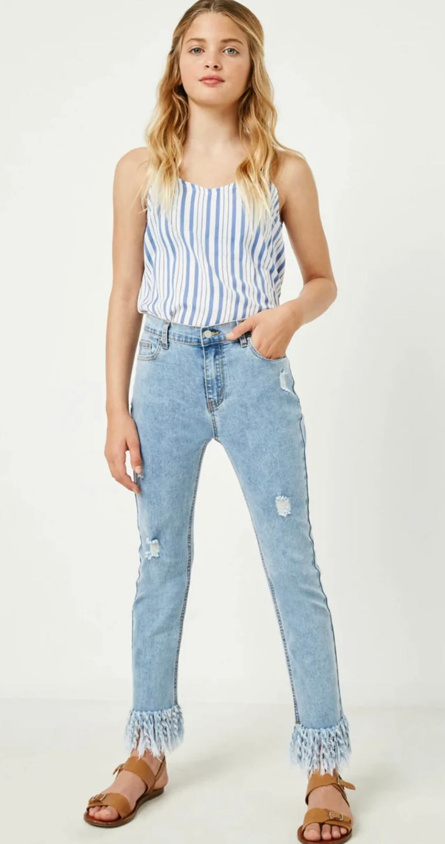 The Brie Frayed Hem Denim Pant- tween denim with frayed hem- Silent Sisters