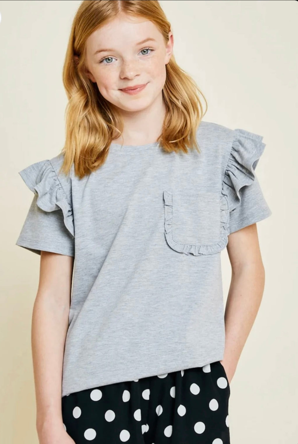 The Emily Ruffle Top- tween grey ruffle pocket tee- Silent Sisters