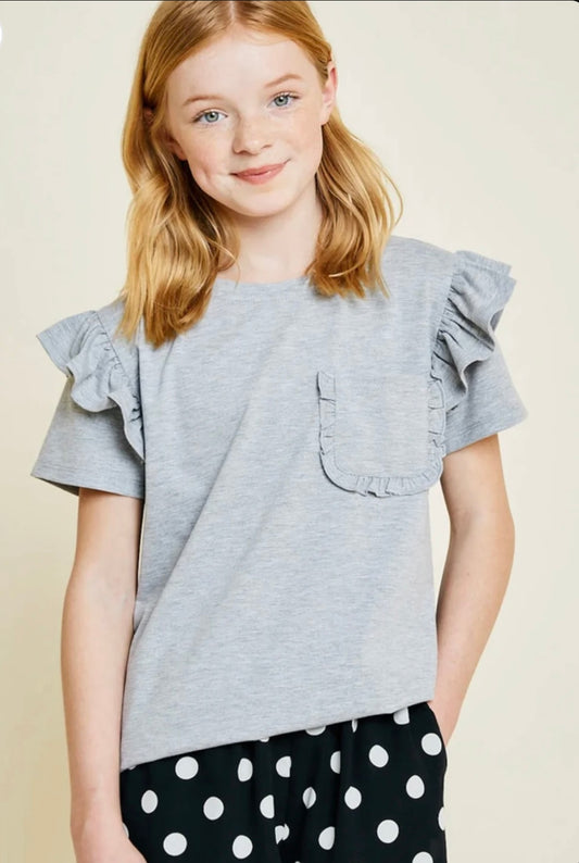 The Emily Ruffle Top- tween grey ruffle pocket tee- Silent Sisters