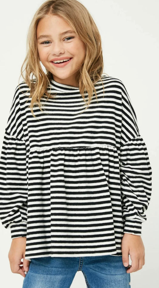 The Greer Puff Sleeve Top- tween black and white striped ultra soft and cozy puff sleeve top- Silent Sisters