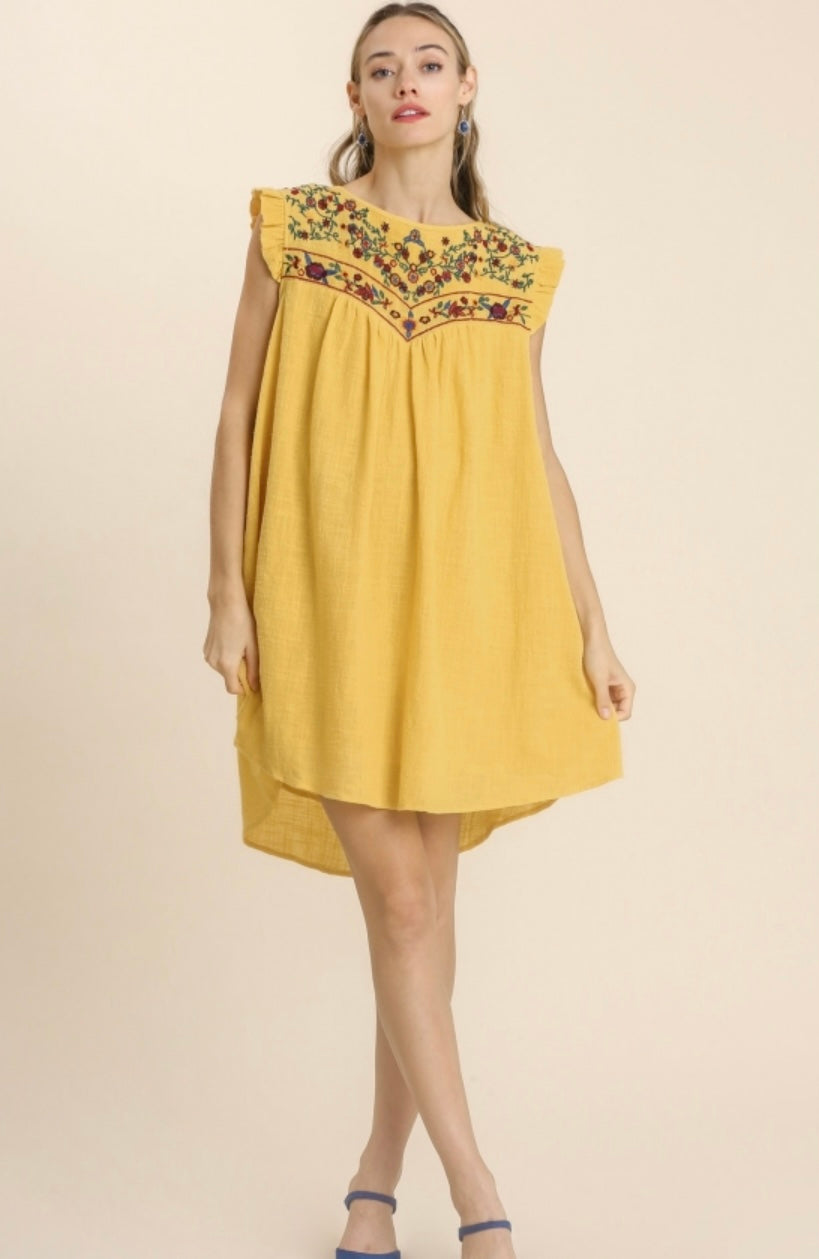 The Ivana Embroidered Dress- yellow linen dress with read and blue embroidery- Silent Sisters 