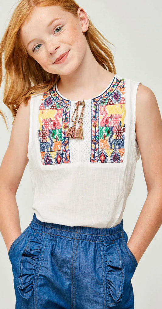 The Jules Embroidered Top- tween white gauze top with bright color embroidery- Silent Sisters