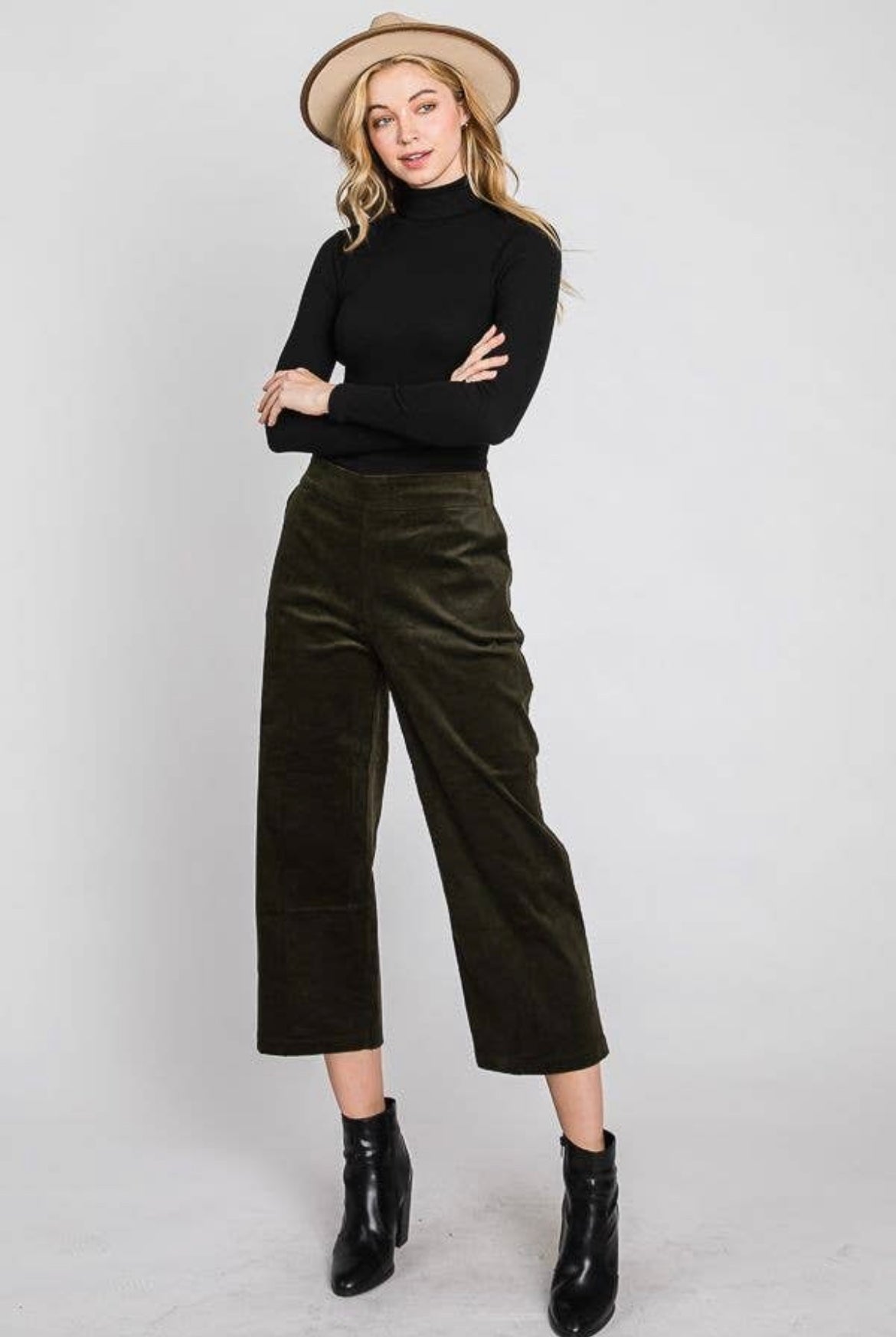 The Mallory Corduroy Pant- dark olive corduroy crop pant- Silent Sisters