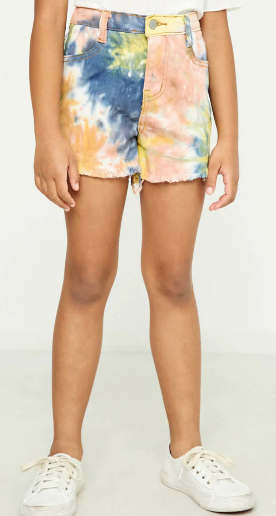 The Sally Short- tween blue yellow pink tie dye denim short- Silent Sisters