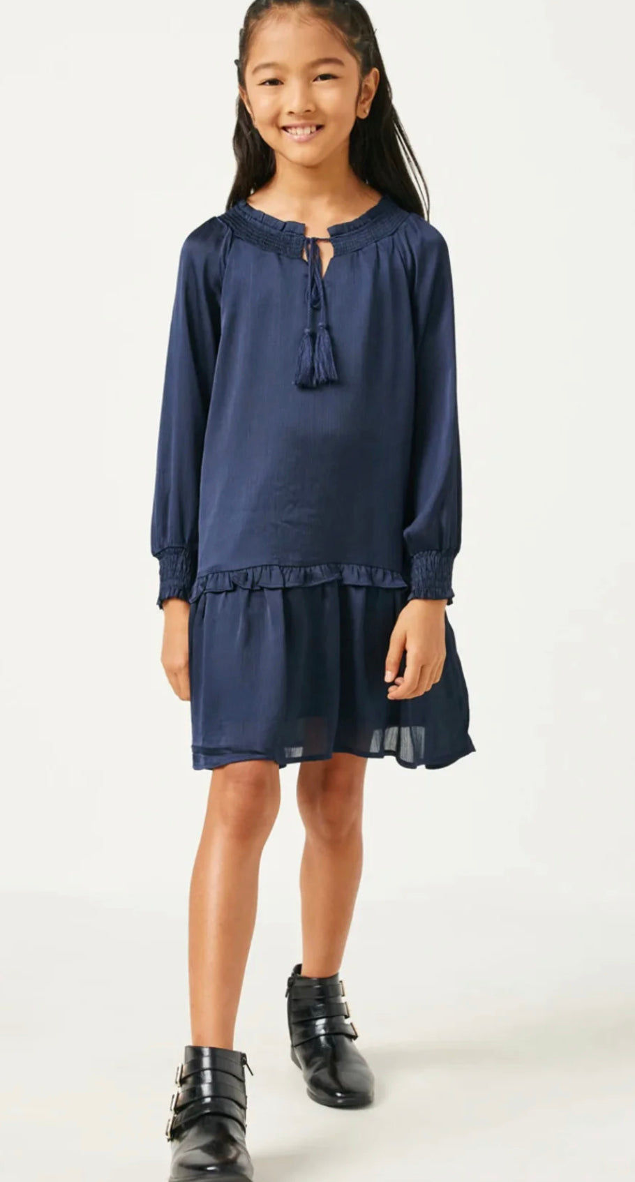 The Sutton Satin Dress- tween navy satin long sleeved dress- Silent Sisters 